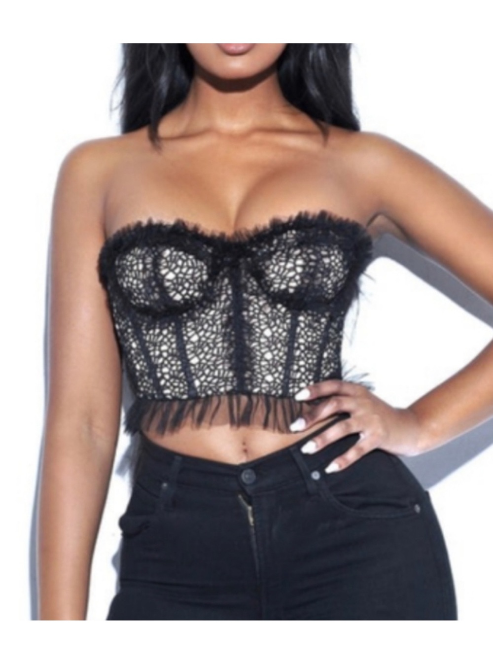 Miss Circle Black Nude Lace Strapless Ruffled Corset